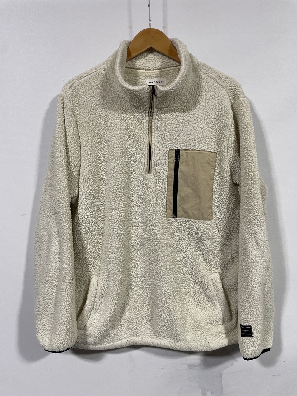 PacSun Cream Sherpa Half-Zip Pullover with Tan Chest Pocket